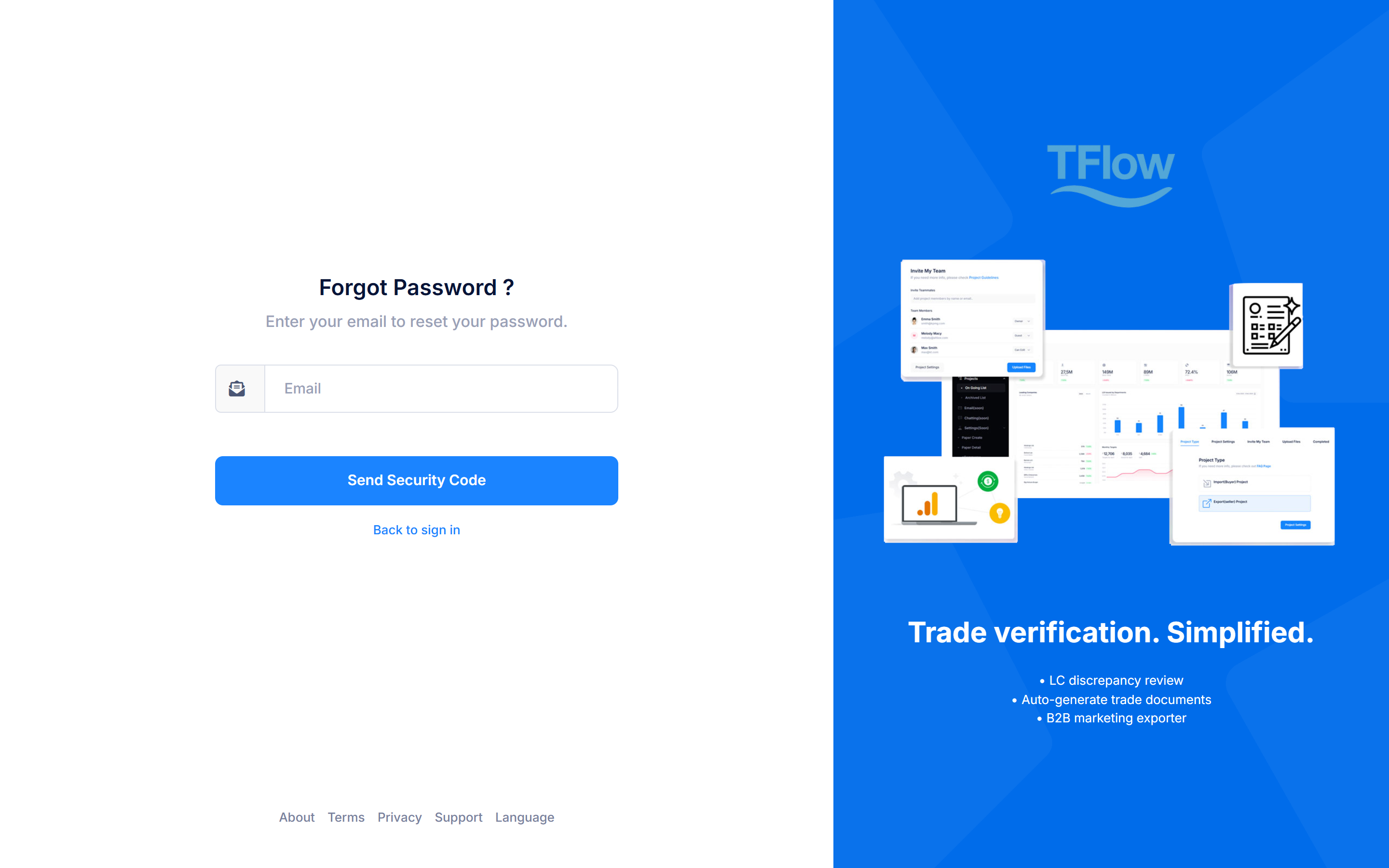 TFlow password reset screen — step 1, send security code