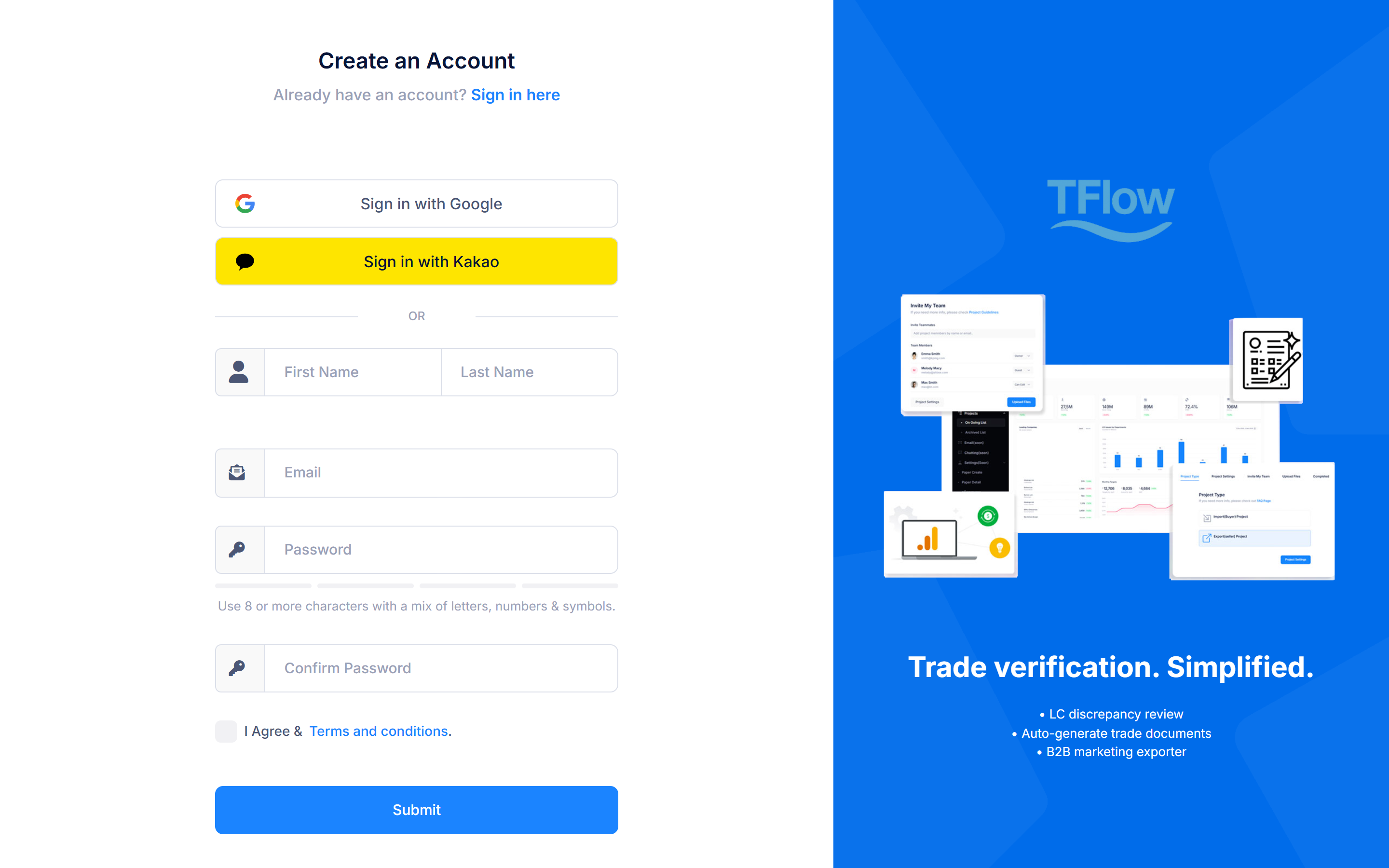TFlow sign-up screen