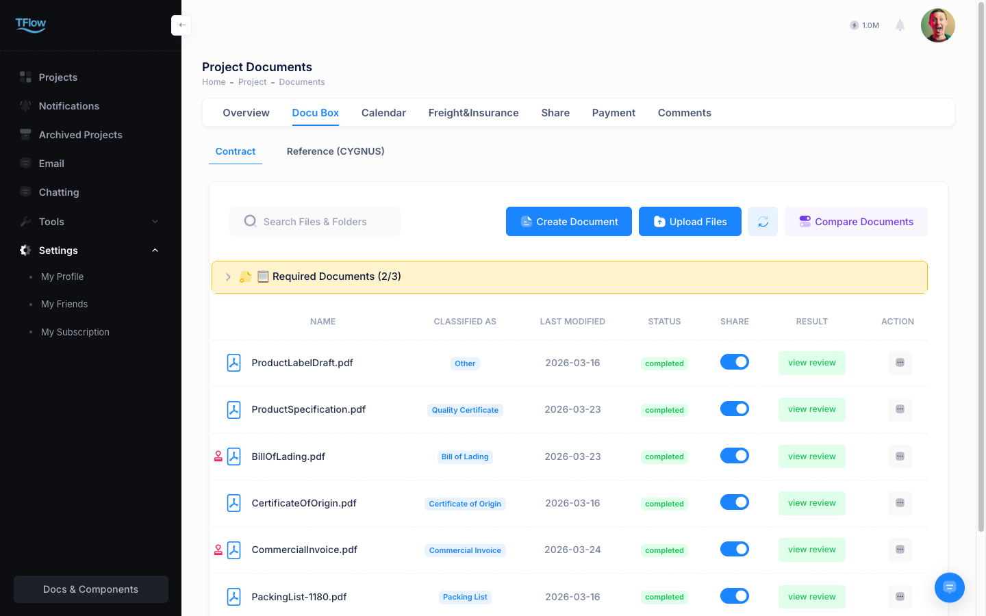 Contract tab - document list