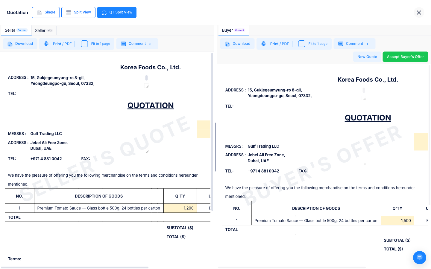 QT Split View — seller quote vs buyer counter-offer with diff highlights