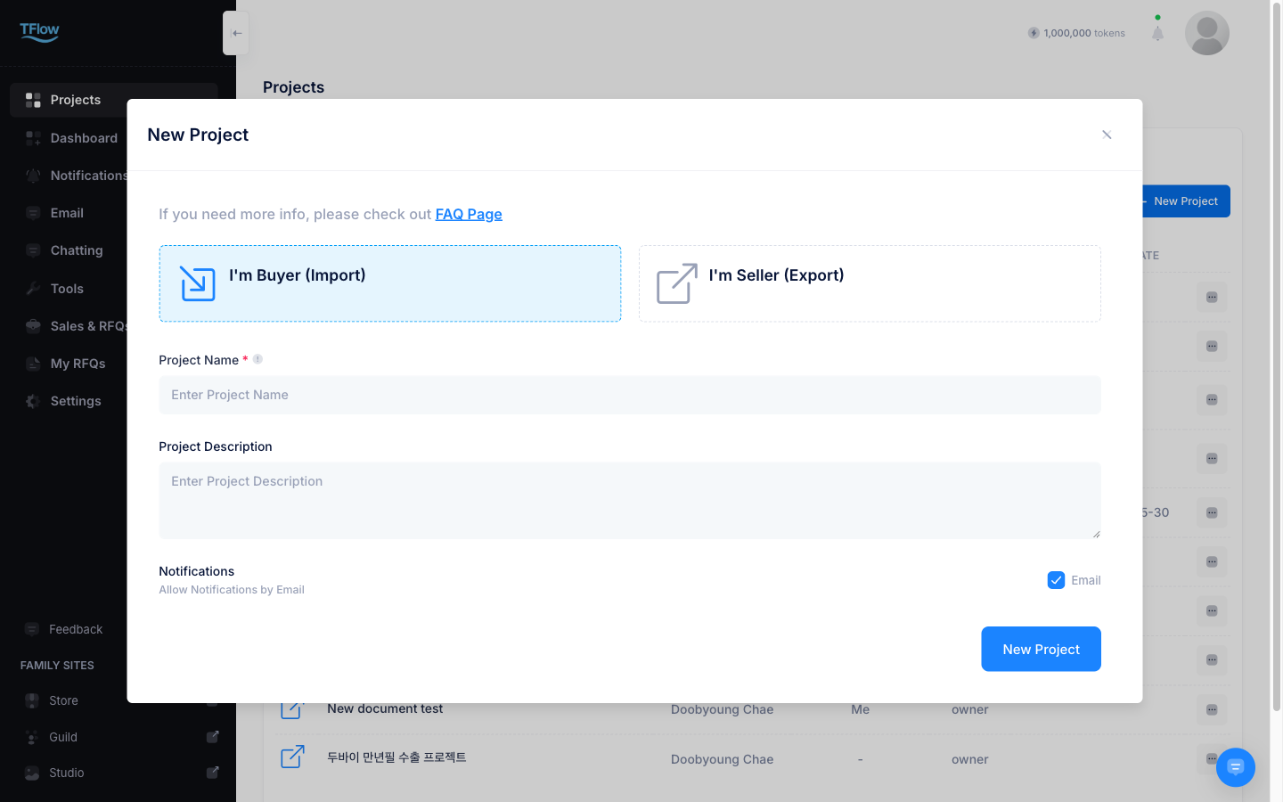 Project creation modal