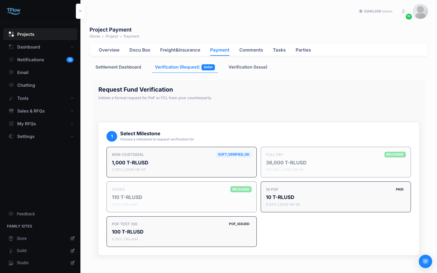 Verification (Request) tab — step 1, selecting a milestone. Each card shows the amount, share and current status