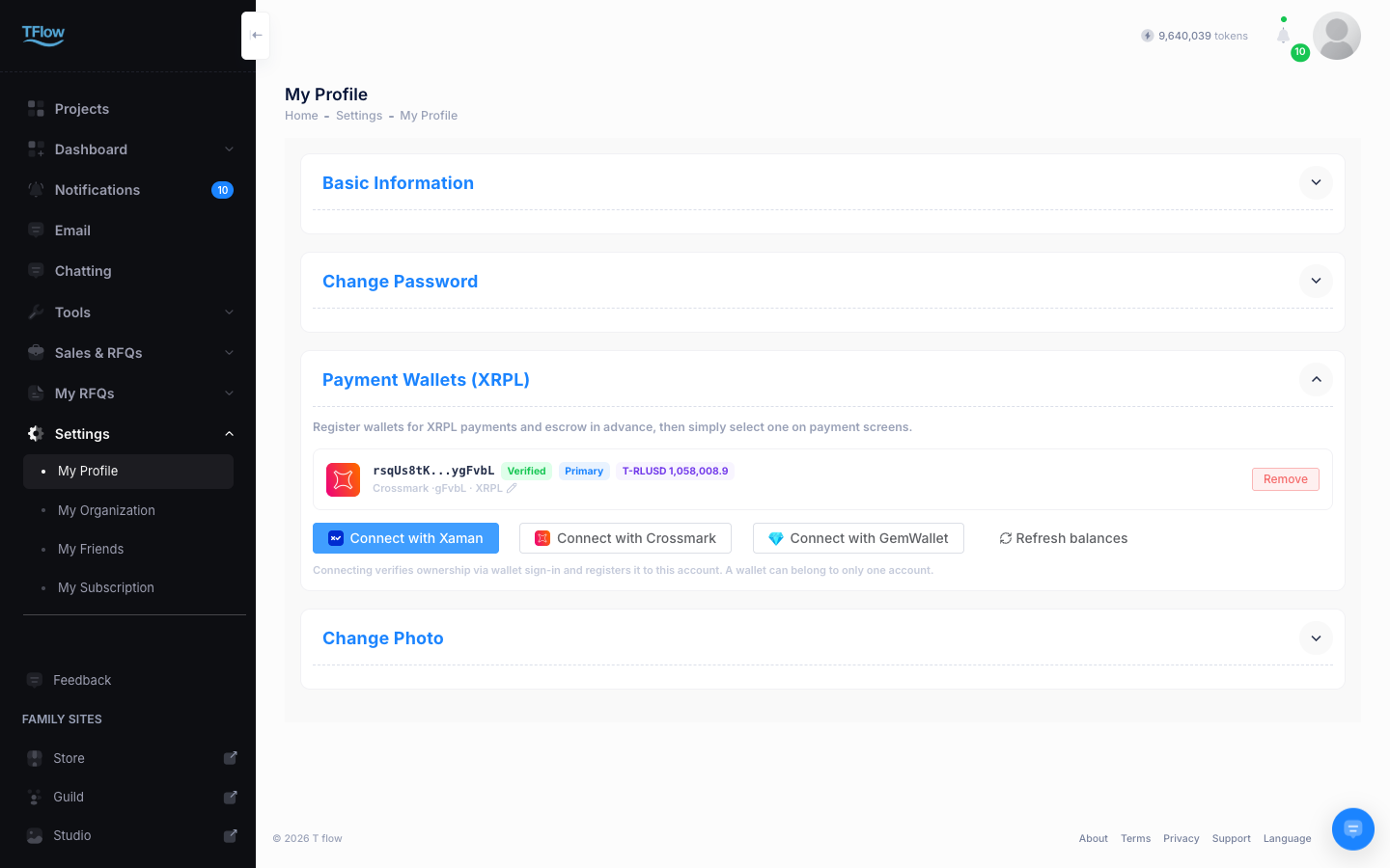 My Profile > Payment Wallets — wallet-type logos, verified and primary badges, T-RLUSD balance, and the three connect buttons