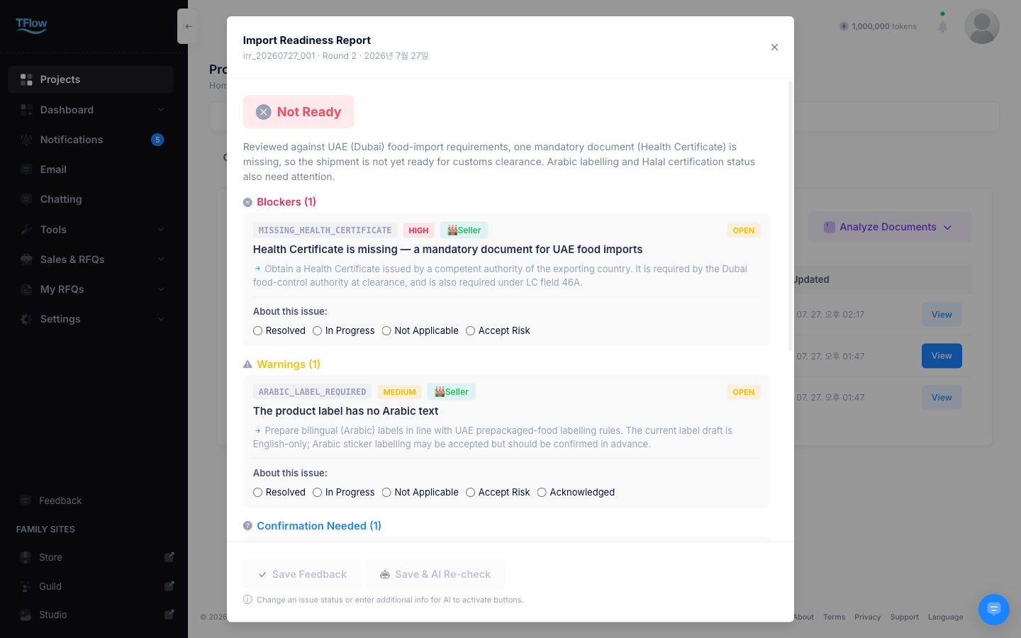 Import Readiness Report — verdict, issue levels, and feedback controls
