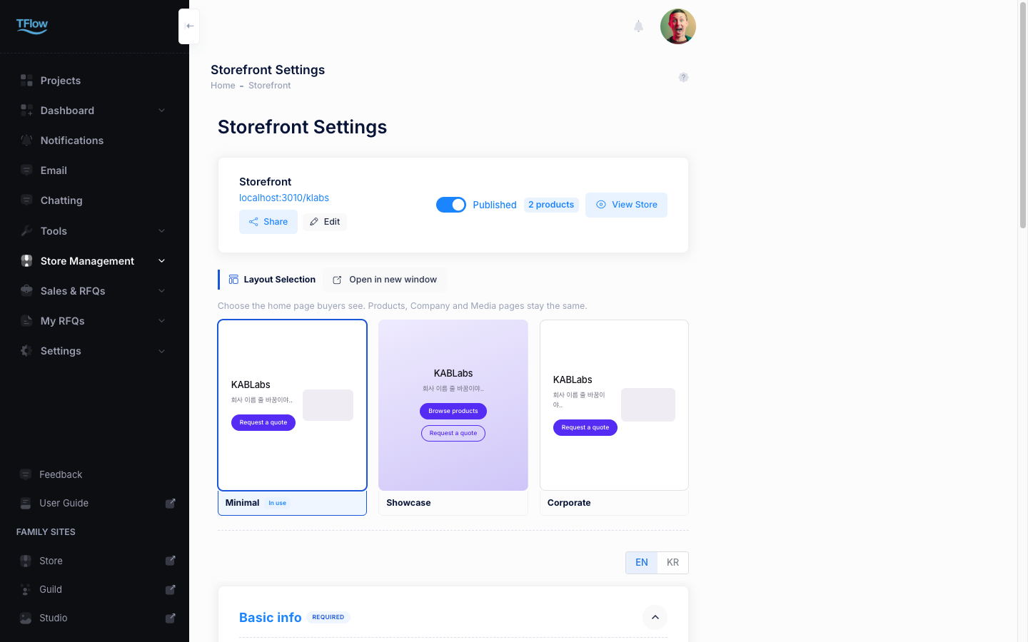 Main app left sidebar — the Store Management and Sales & RFQs menu groups